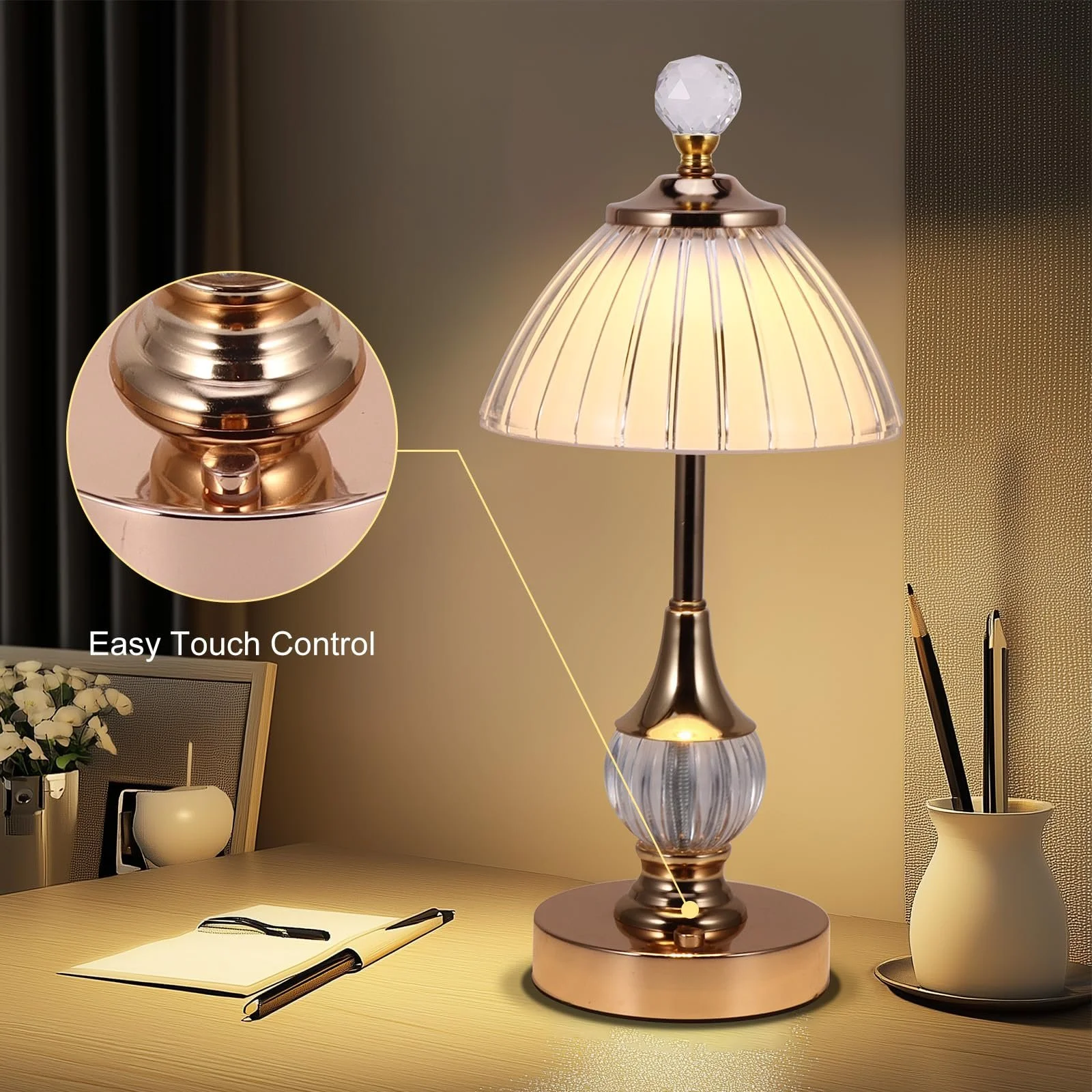 Настільна лампа ALLOMN кришталева світлодіодна акумуляторна сенсорна золота, фото №4