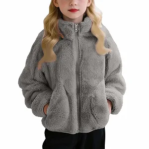 Детское шерстяное пальто на осень-зиму, на полной молнии, пушистое, верхняя одежда с карманами, однотонное, со стойкой-воротником, с карманами, длинный рукав - Фото 1