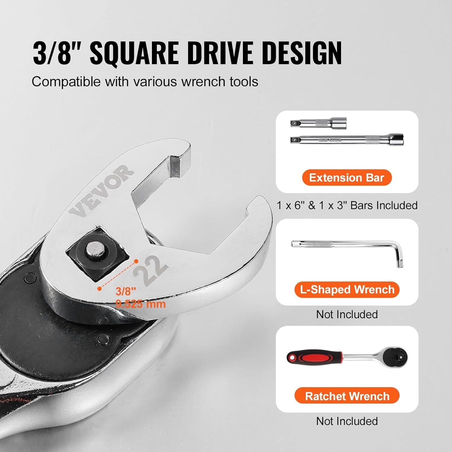 Набір ключів VEVOR Crowfoot Wrench VEVOR 3/8" 10-22мм & SAE) Silver, фото №5 Набір ключів VEVOR Crowfoot Wrench VEVOR 3/8" 10-22мм & SAE) Silver, фото №5