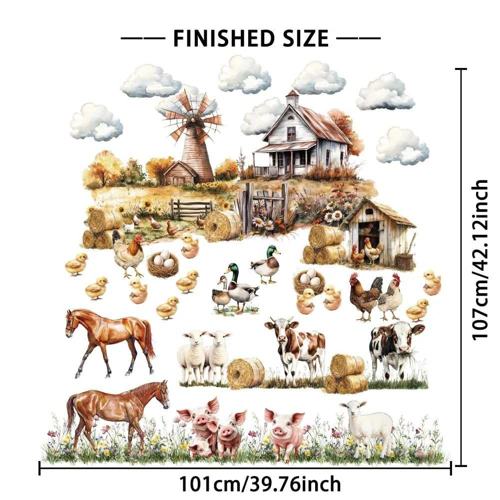 Наклейки для стін 3 Sheets Removable Waterproof Cows Horses Farms Windmills Flowers, фото №3