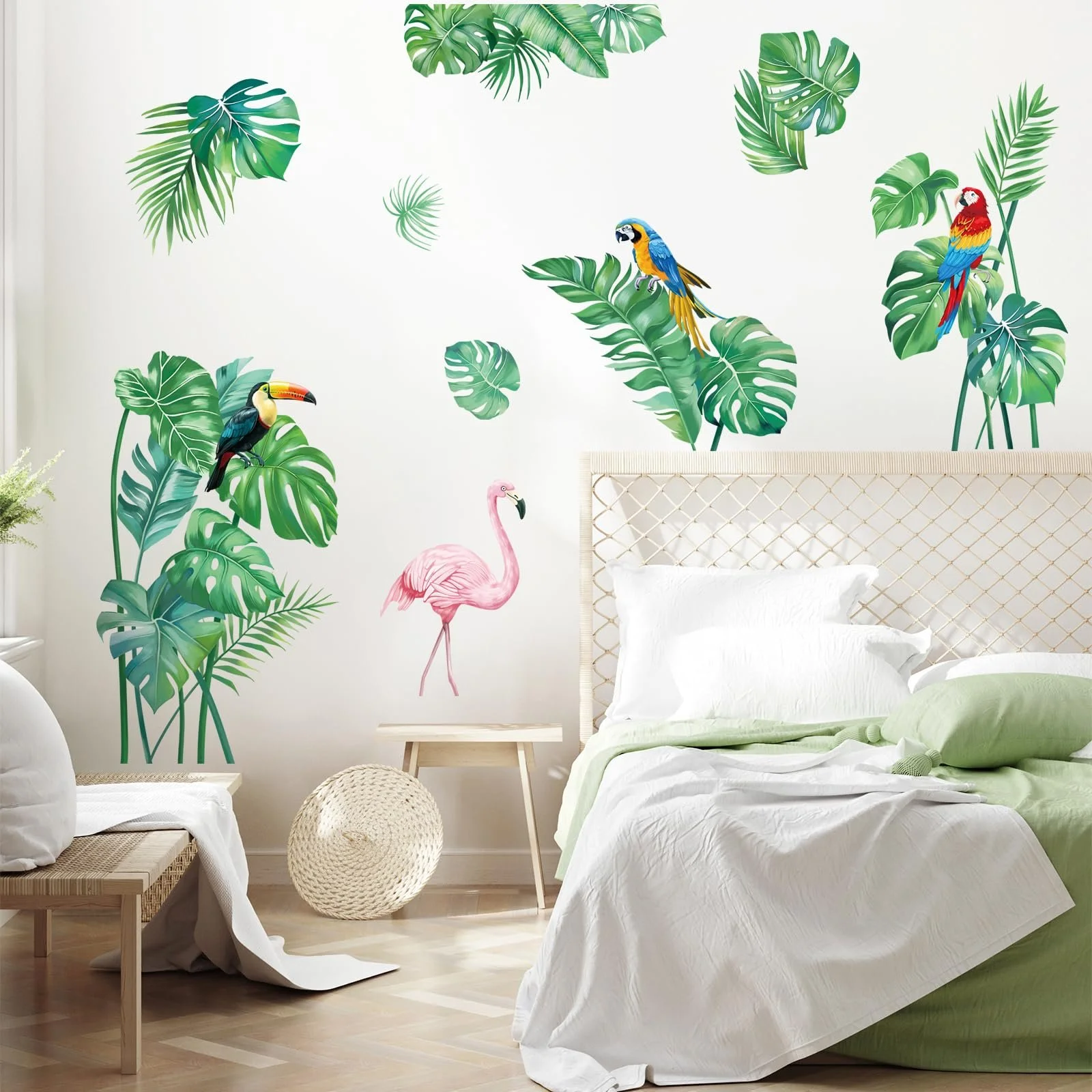 Наклейки на стіну Тропічне листя Пальма Папуга Фламінго Зелені, фото №1