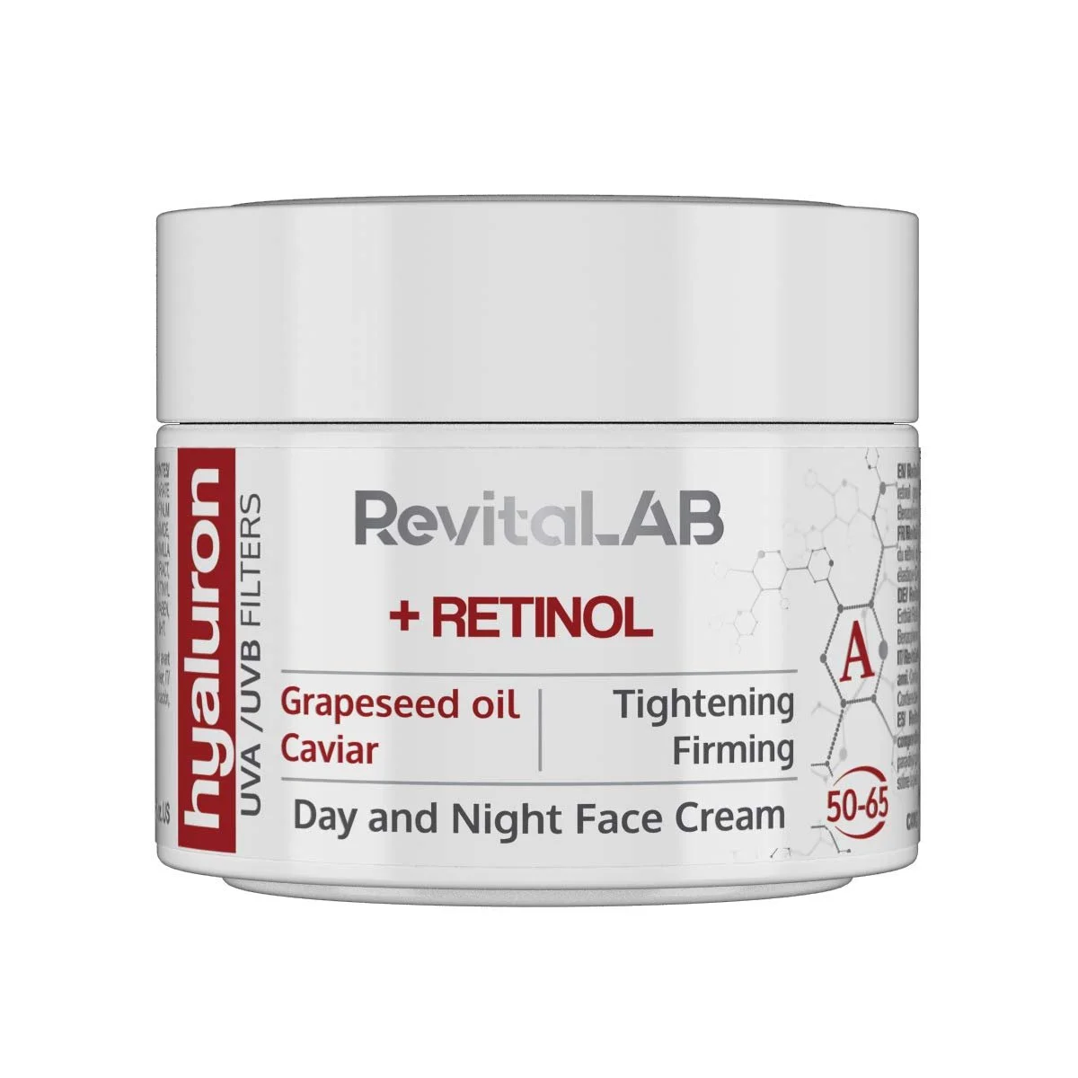 Денний та нічний крем RevitaLAB Hyaluronic антивіковий з ретинолом, ікрою та червоним виноградом 50 мл 65+, фото №1 Денний та нічний крем RevitaLAB Hyaluronic антивіковий з ретинолом, ікрою та червоним виноградом 50 мл 65+, фото №1
