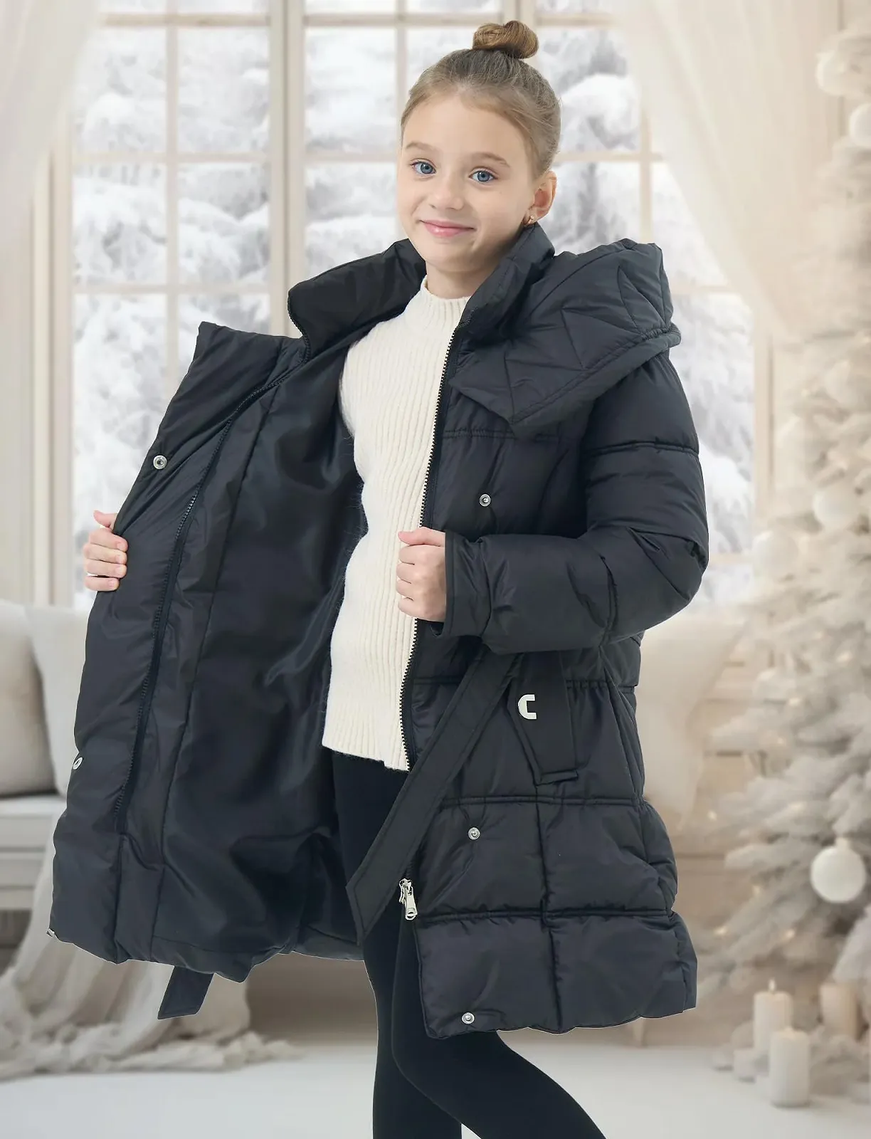 Зимняя куртка FEOYA для девочек, детская длинная толстая подростковая куртка-пуховик с элегантной подкладкой, теплая стеганая куртка с капюшоном Teddy, водонепроницаемая, для возраста 5-12 лет, фото №4