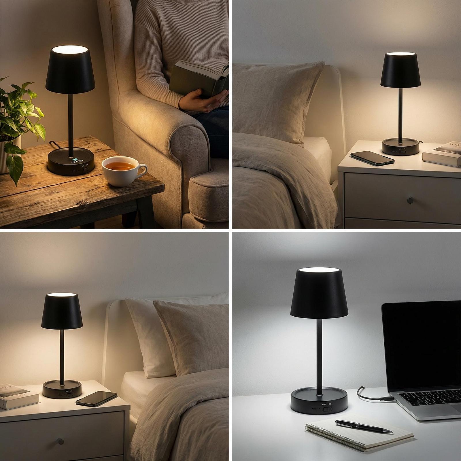 Настільна лампа LED акумуляторна бездротова сенсорна димована чорна пластик 26 см, фото №4