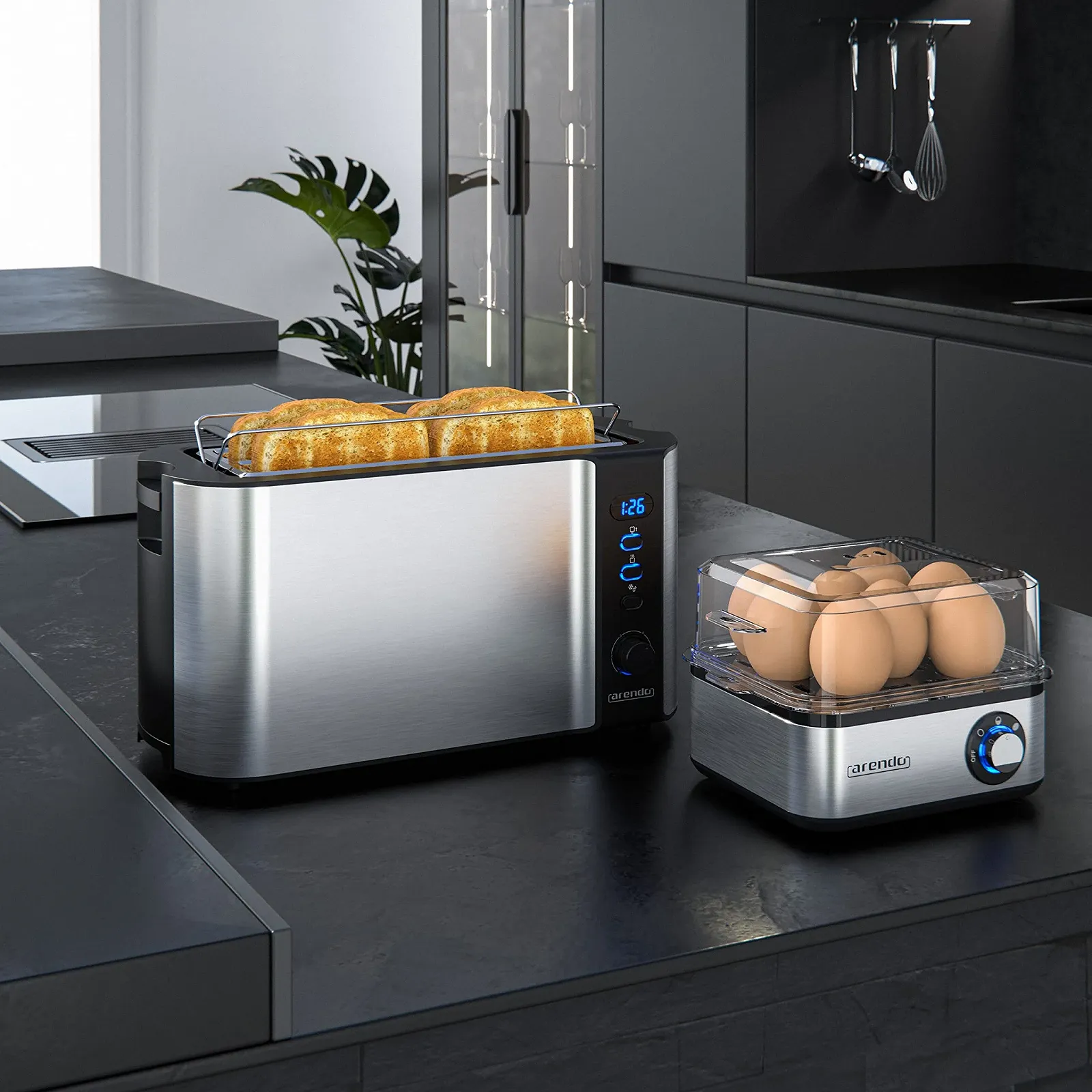 Тостер Arendo FRUKOST Набір з яйцеваркою EIGHTCOOK Нержавіюча сталь Срібний на 4 скибочки Світлодіодний дисплей 6 рівнів підсмажування, фото №6