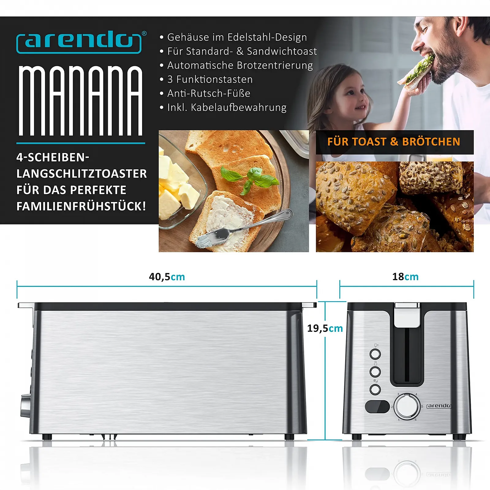 Тостер Arendo з нержавіючої сталі з довгим слотом на 4 скибочки, функція розморожування, теплоізоляційний корпус, з інтегрованою насадкою для булочок, 1400 Вт, піддон для крихт, дисплей з відображенням часу, фото №2