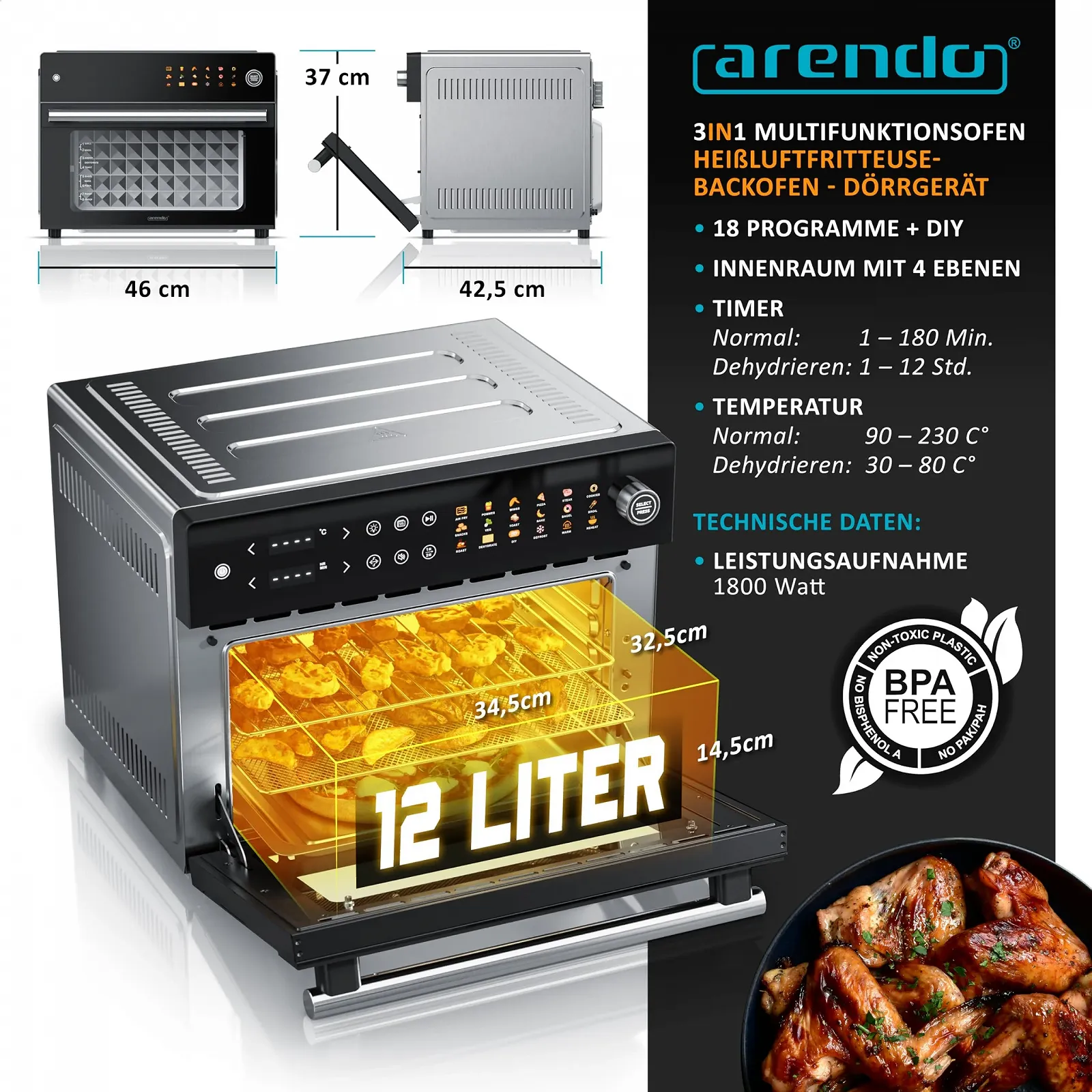 Мультипіч-піч Arendo Mini Oven 30 л 1800 Вт Stainless Steel, фото №2 Мультипіч-піч Arendo Mini Oven 30 л 1800 Вт Stainless Steel, фото №2
