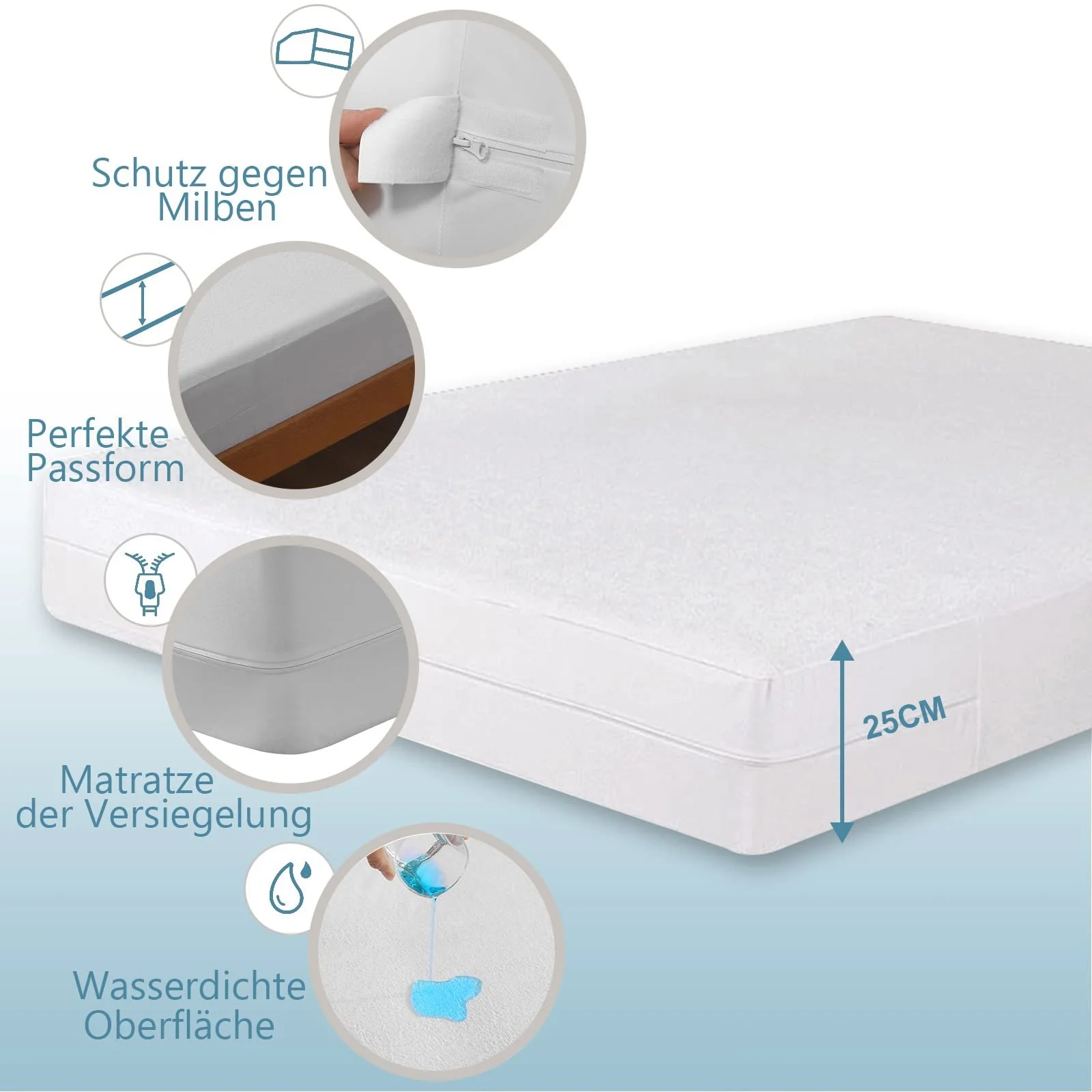 Чохол на матрац Bedecor Waterproof 90 x 200 см з блискавкою Бавовняний дихаючий гіпоалергенний пилонепроникний для матраца висотою 16 см, фото №6