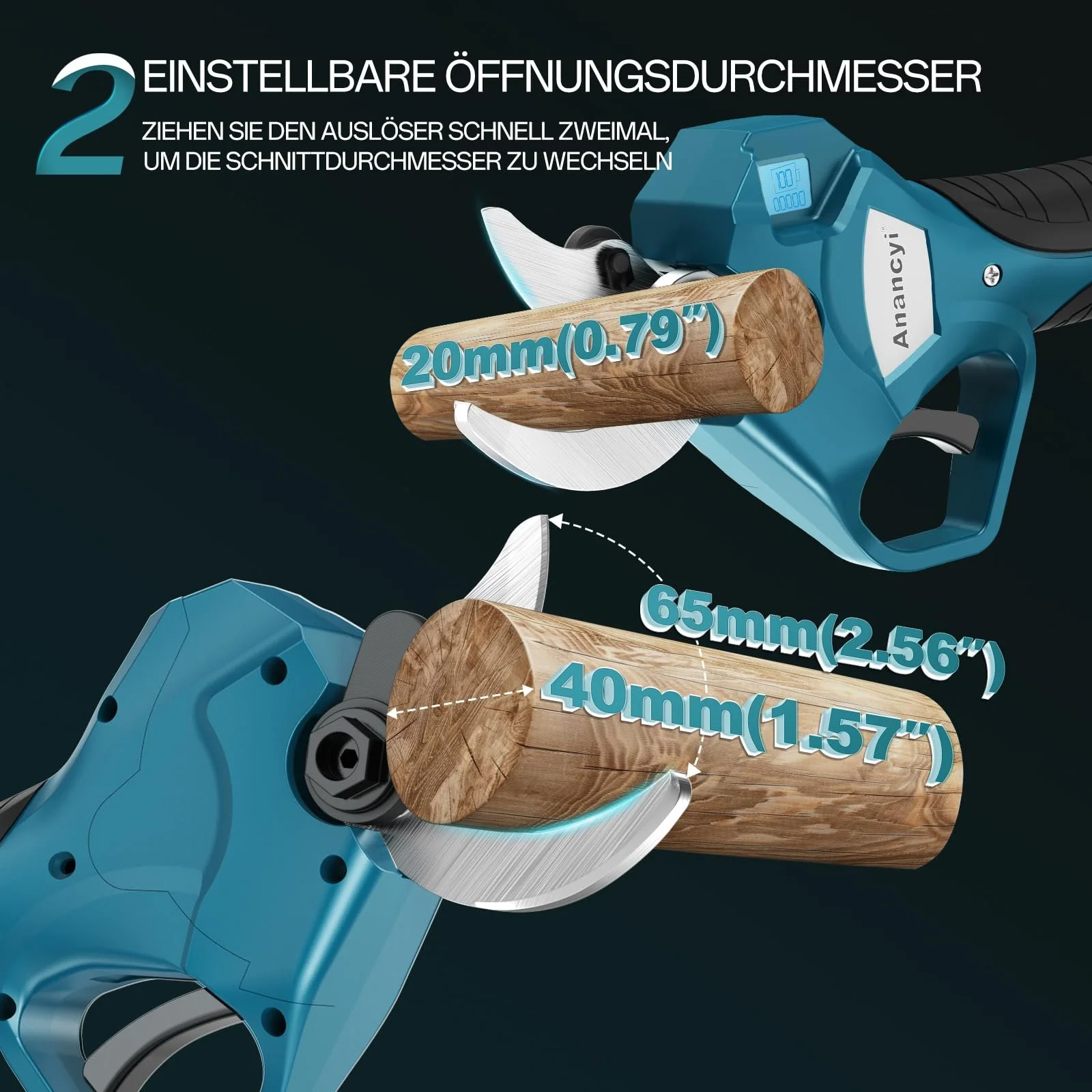 Секатор акумуляторний Anancyi 21 V для гілок дерев, квітів, електричний, максимальний отвір 65 мм, діаметр різання 40 мм, 2 x 2.0 Ah батареї, безщітковий двигун, РК-дисплей, фото №3