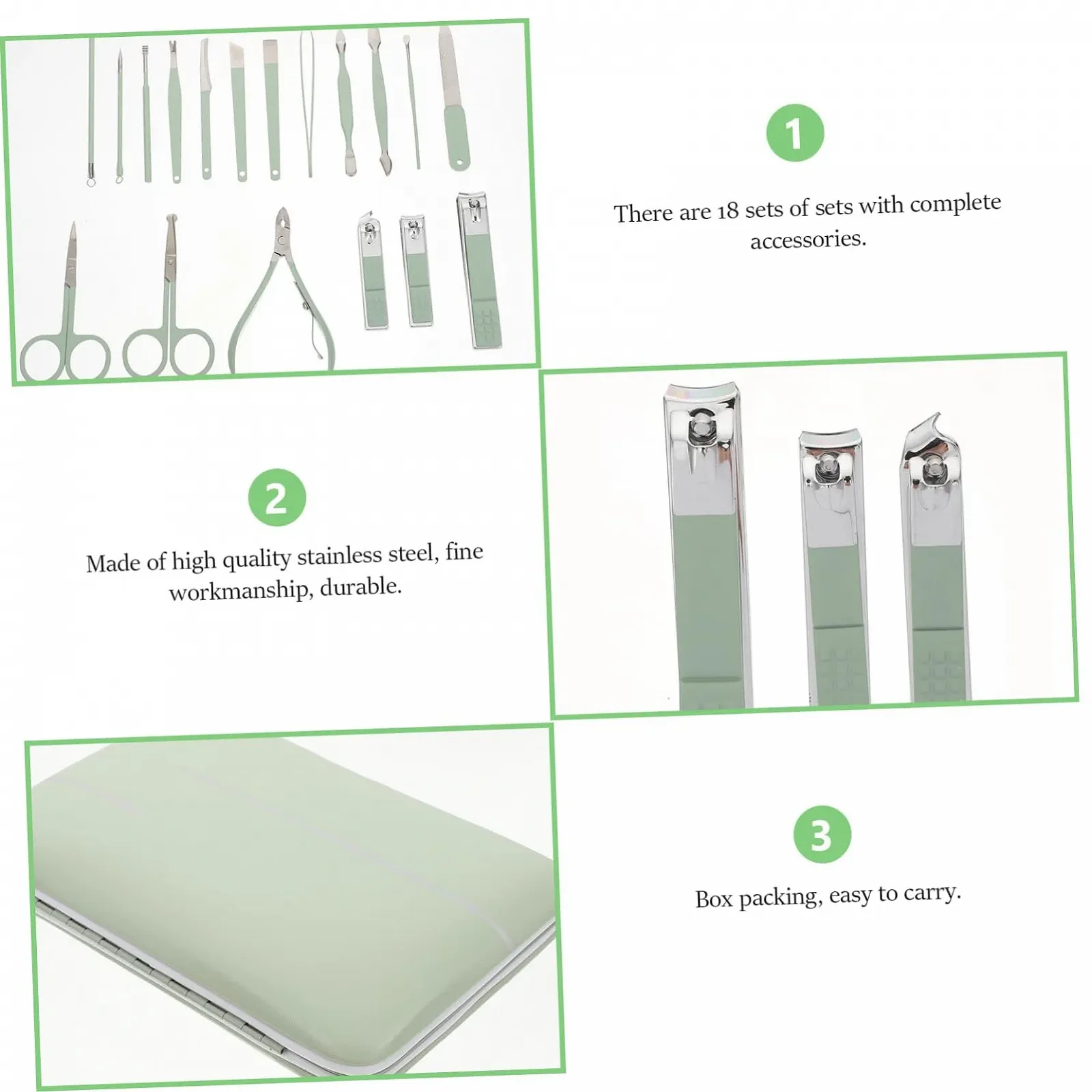 Набор маникюрный CALLARON 18 предметов, из нержавеющей стали, зеленый, фото №7