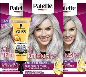 Крем-краска Palette Intensive Cream Coloration U71 Cool Silver Grey (3 x 115 мл), стойкая краска для волос для блестящего, стойкого цвета и интенсивного питательного масла SOS (15 мл) для волос - Фото 1