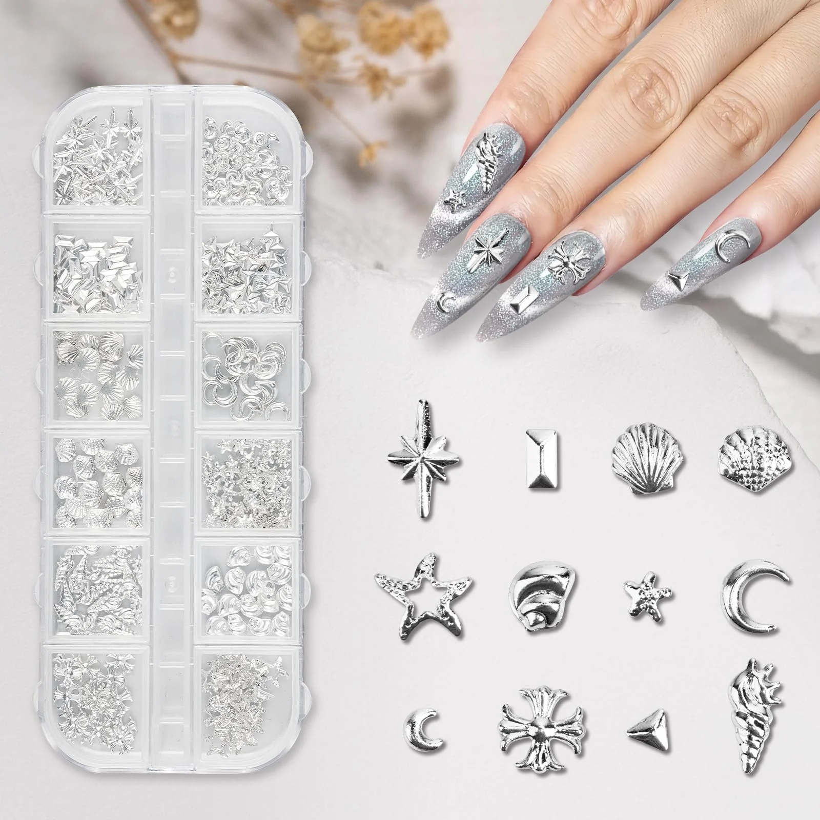Украшения для ногтей Madenia, 600 шт Золотые Серебряные Звезды Луна Ракушки, Самодельные Металлические Заклепки для ногтей в стиле Y2K панк, Серебро, фото №4
