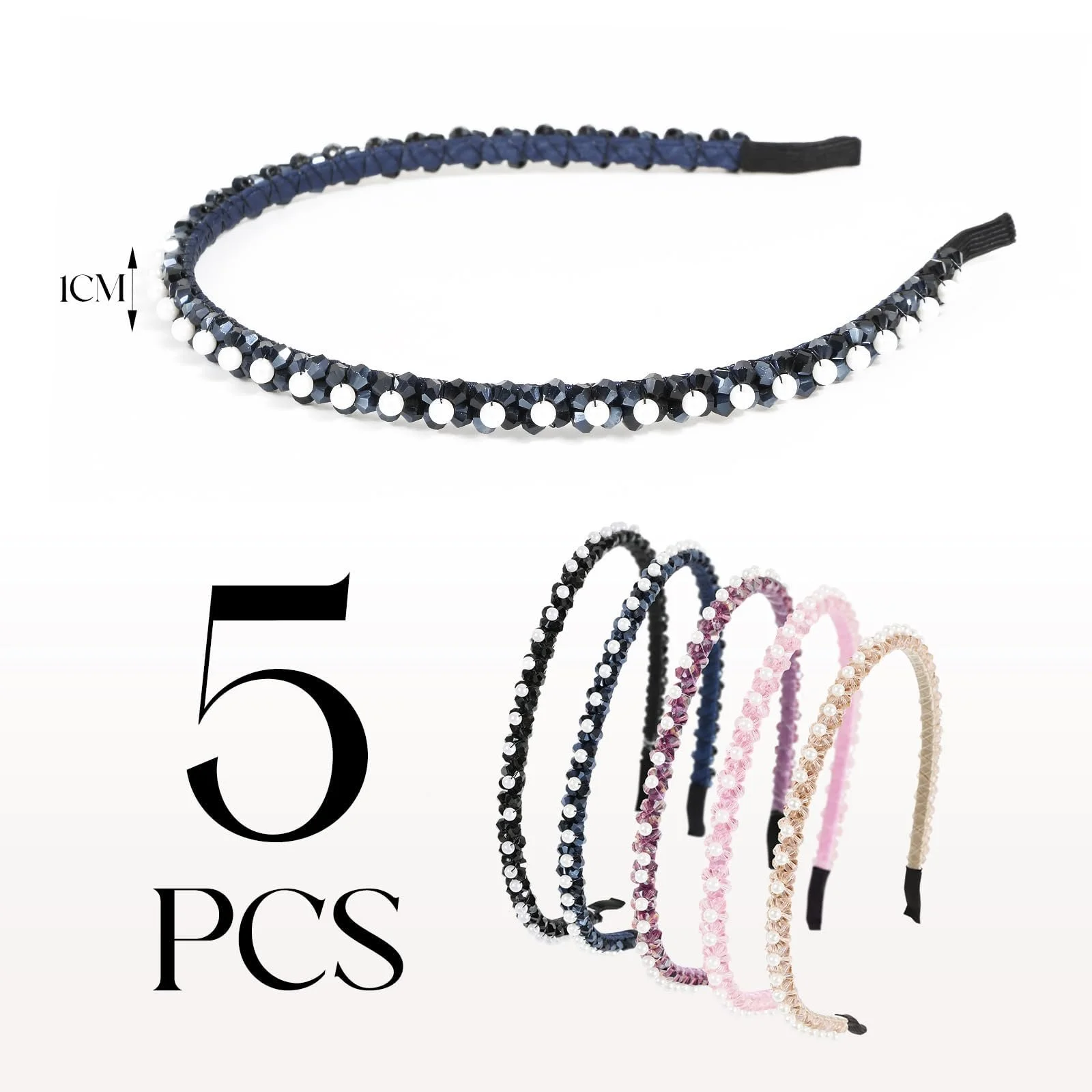 Обруч Жіночий з бісером та стразами, 5 штук, фото №2