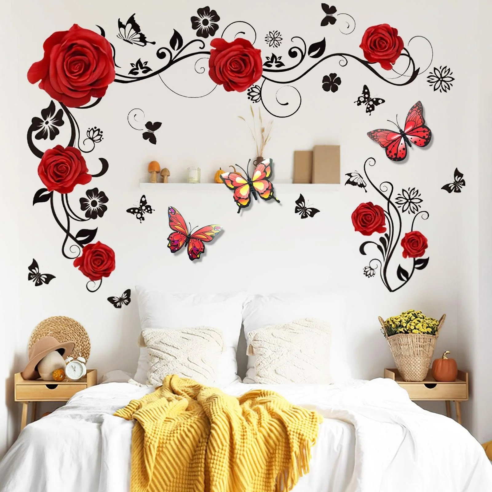 Наклейки на стіну eleer Троянда та 12 декоративних метеликів Червоно-чорні, фото №5