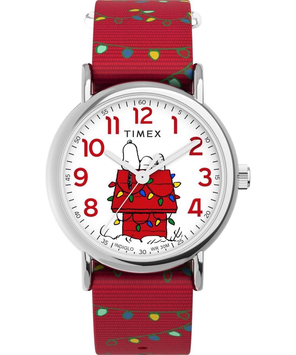 Жіночий годинник Timex Peanuts 38 мм, червоний тканинний ремінець, білий циферблат, срібний корпус TW2W80800, срібний, ремінець., фото №1