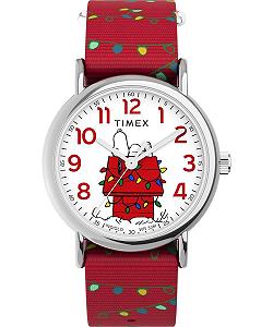 Женские часы Timex Peanuts 38 мм, красный тканевый ремешок, белый циферблат, серебристый корпус TW2W80800, серебристый, ремешок. - Фото 1