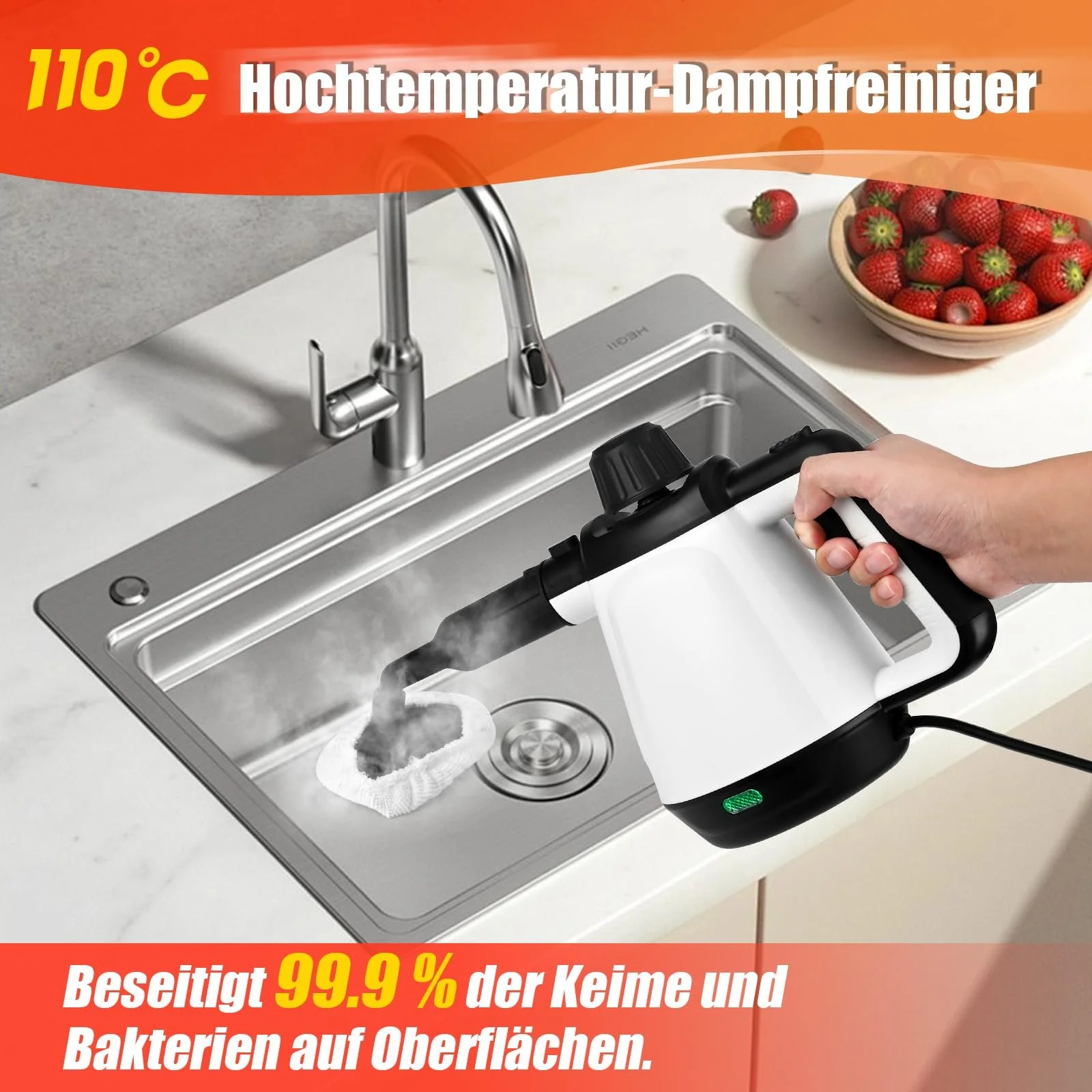 Пароочисник 430 мл 1200 Вт 3.5 бар з 9 насадками та підсвіткою, фото №2 Пароочисник 430 мл 1200 Вт 3.5 бар з 9 насадками та підсвіткою, фото №2