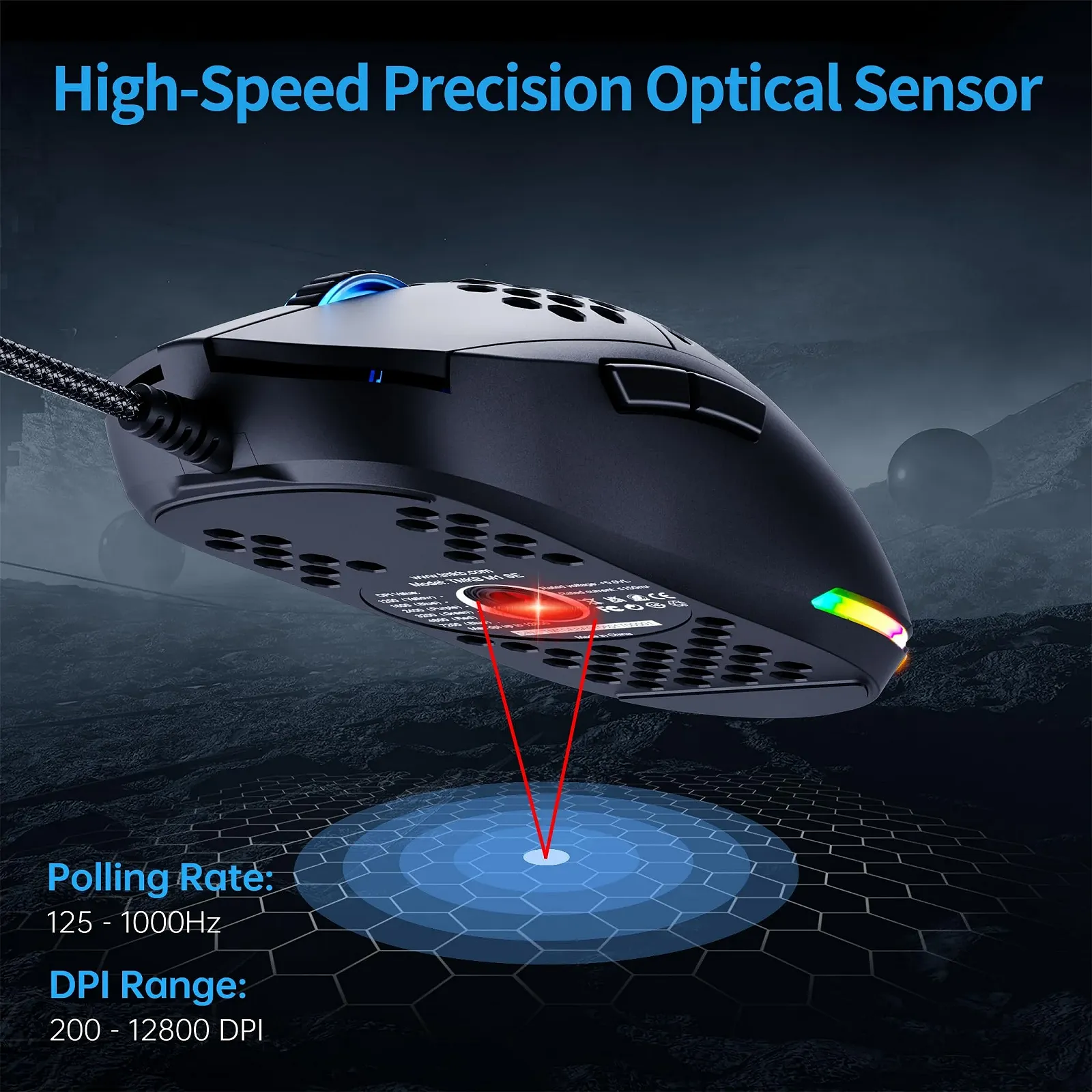 Мышь TMKB M1se игровая, оптический сенсор 12800 DPI, 6 программируемых кнопок, сотовая, регулируемая RGB подсветка, паракорд, эргономичная, черная, фото №2 Мышь TMKB M1se игровая, оптический сенсор 12800 DPI, 6 программируемых кнопок, сотовая, регулируемая RGB подсветка, паракорд, эргономичная, черная, фото №2
