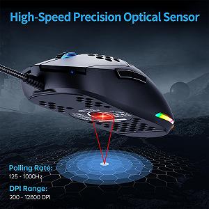 Миша TMKB M1se ігрова, оптичний сенсор 12800 DPI, 6 програмованих кнопок, сотова, регульована RGB підсвітка, паракорд, ергономічна, чорна synthetic.ua - Фото 1