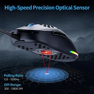 Миша TMKB M1se ігрова, оптичний сенсор 12800 DPI, 6 програмованих кнопок, сотова, регульована RGB підсвітка, паракорд, ергономічна, чорна synthetic.ua - Фото 1