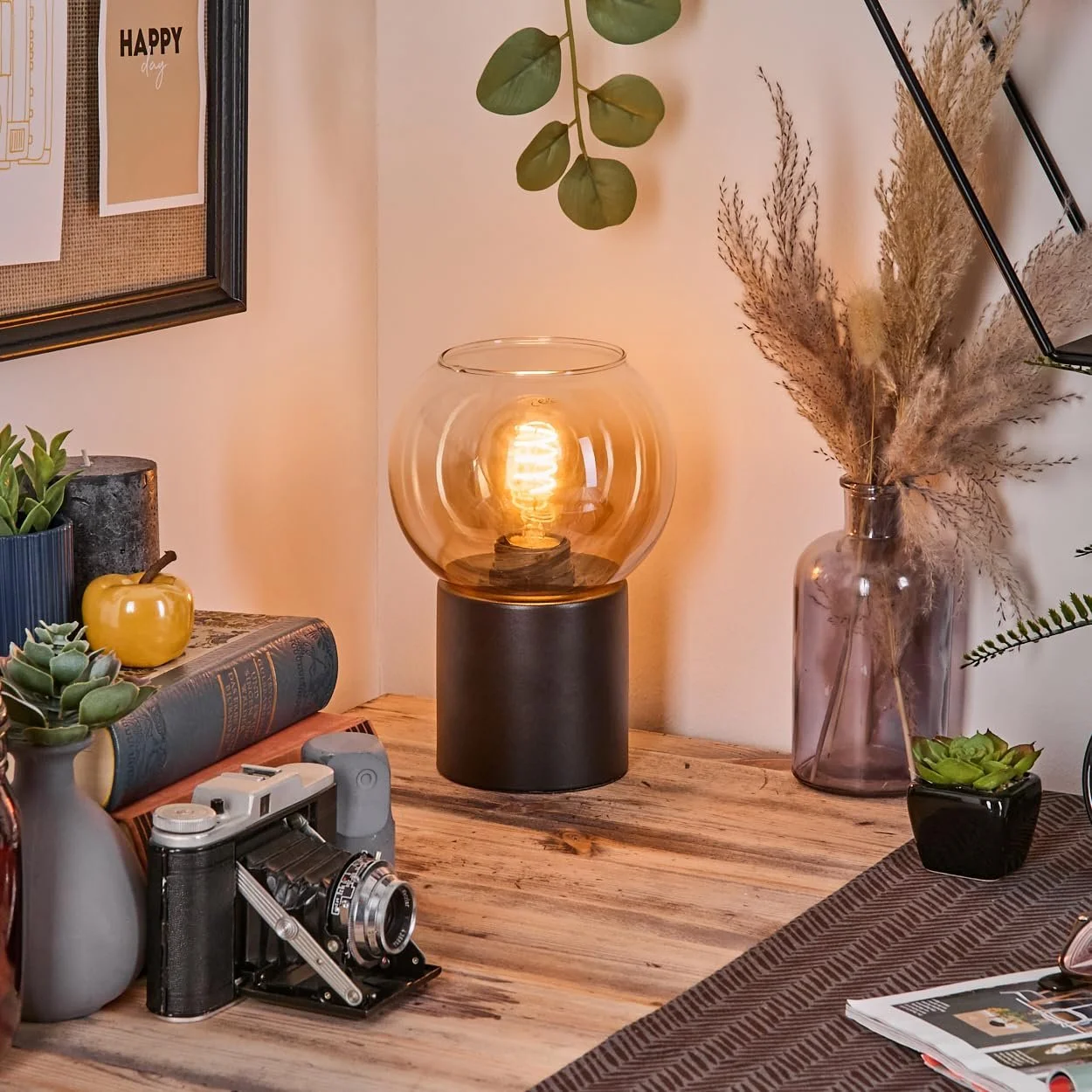 Настільна лампа HOFSTEIN Koyoto метал / скло 15 см E27 Чорний/Бурштиновий/Прозорий, фото №7