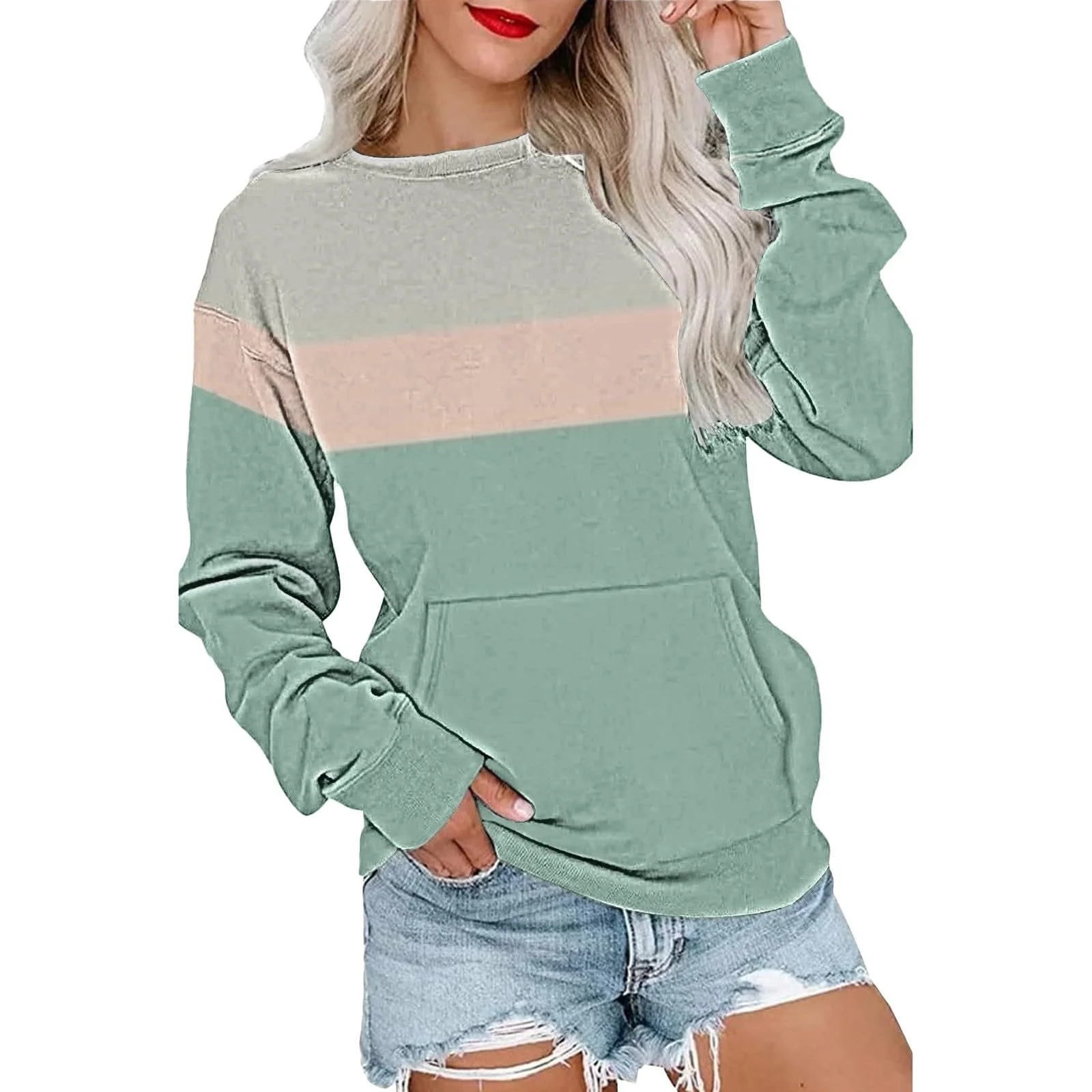 Худи Qixiu Женский, Oversize Женский Пуловер Осенний, Полосатый Худи Повседневный Особенности Карман Круглый вырез Без капюшона Базовый Свитшот Подросток Девочка Топ Одежда Пуловер Черный, фото №1