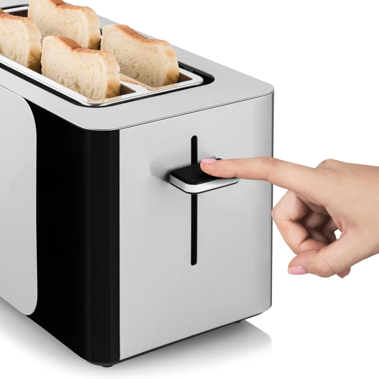 Тостер ZEEGMA TOSTEE SMART 4 скибочки, нержавіюча сталь, тримач для хліба, 1500 Вт, розморожування, підігрів і зупинка, відсік для крихт, сенсорна панель, таймер, 6 рівнів, фото №6