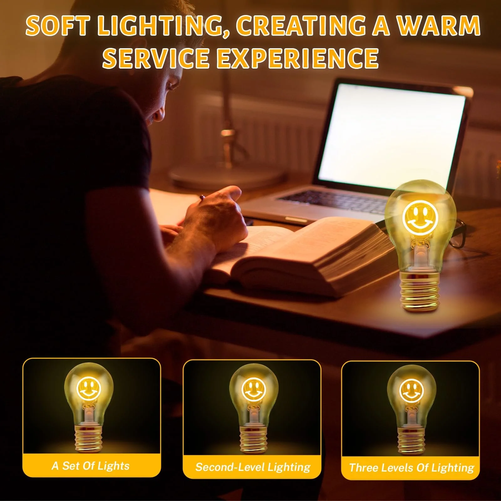 Настільна лампа Smile LED Форма лампочки Акумуляторна USB 3 рівні яскравості Жовтий, фото №5