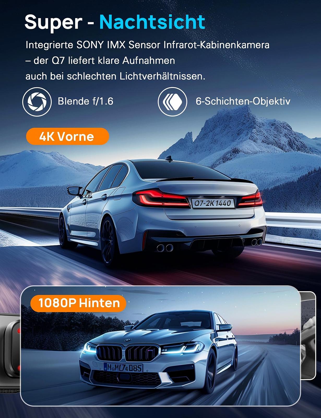 Відеореєстратор Navycrest Q7 4K + 1080P з двома камерами, картою SD 64 ГБ, WiFi 5GHz, нічним баченням, WDR, G-сенсором, цілодобовим моніторингом паркування, циклічним записом, керуванням через застосунок, чорний, фото №6