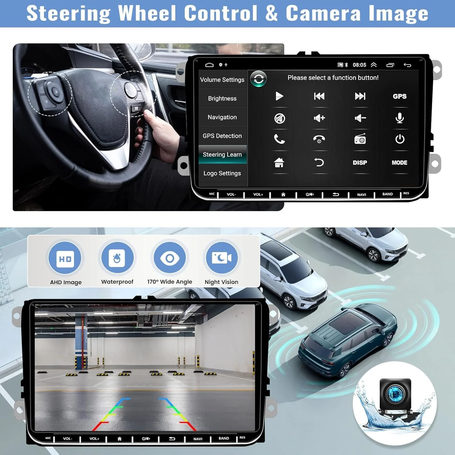 Штатна автомагнітола CAMECHO для VW Golf 5 6 Polo T5 Tiguan Seat / 7" / Сенсорна / 2/64Гб / Android 13 / Apple CarPlay / Android Auto / Bluetooth / WI-FI / GPS / USB, фото №6 Штатна автомагнітола CAMECHO для VW Golf 5 6 Polo T5 Tiguan Seat / 7" / Сенсорна / 2/64Гб / Android 13 / Apple CarPlay / Android Auto / Bluetooth / WI-FI / GPS / USB, фото №6