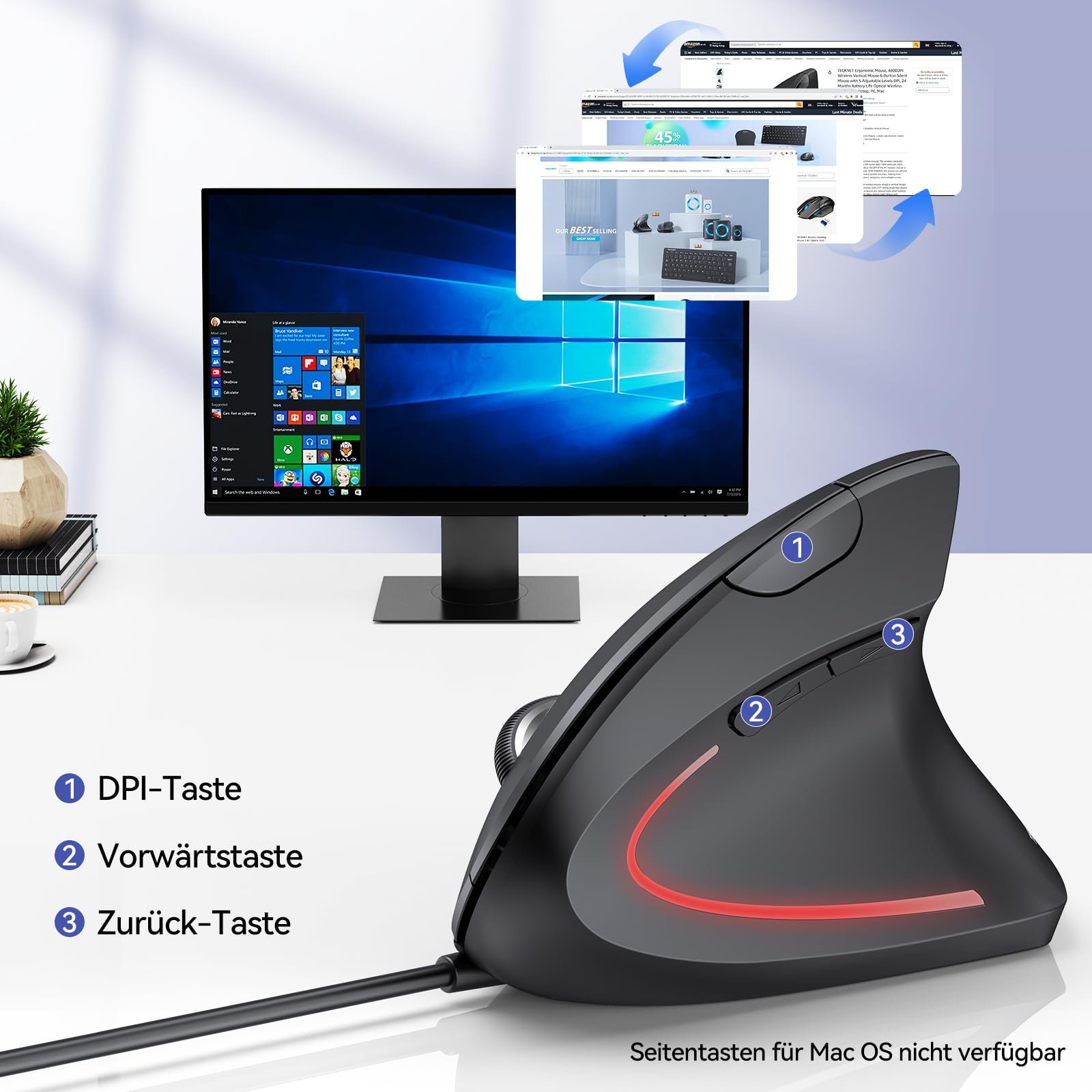 Мышь TECKNET Эргономичная Вертикальная 6400 DPI 4 кнопки USB-кабель - Черный, фото №5