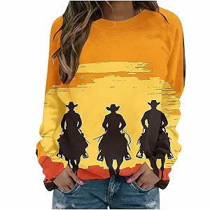 Лонгслив Komiseup Basic Круглый вырез Свободный Свитшот без капюшона Western Cowboy Принт Свитшот Праздничная Спортивная рубашка Модный топ с принтом лошади для девочек-подростков Streetwear 04 synthetic.ua - Фото 1
