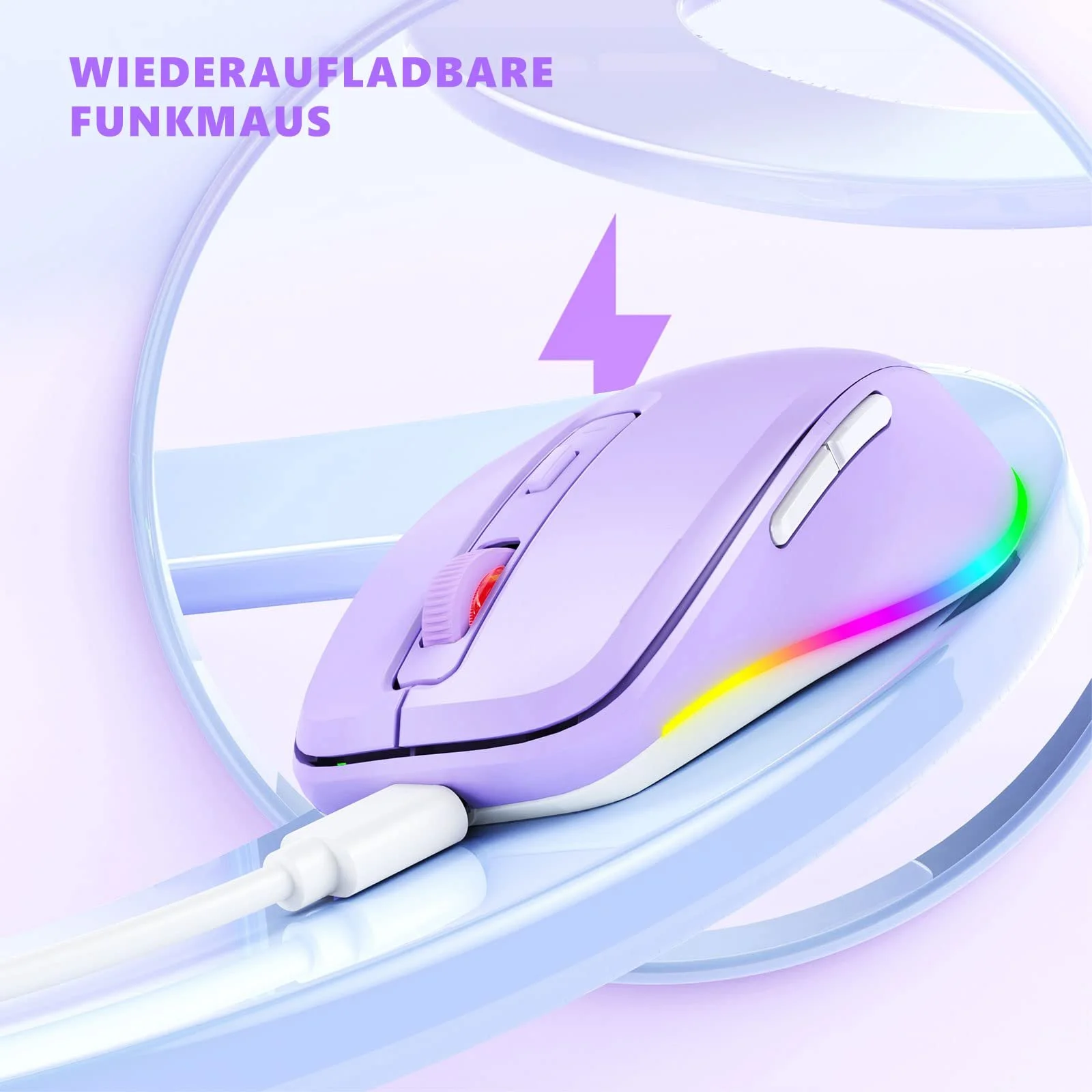 Мышь беспроводная Seenda LED, перезаряжаемая, с функцией Mouse Jiggler, тихая, 2.4G USB, для ноутбука, компьютера, DPI 2000, фиолетовая, фото №2