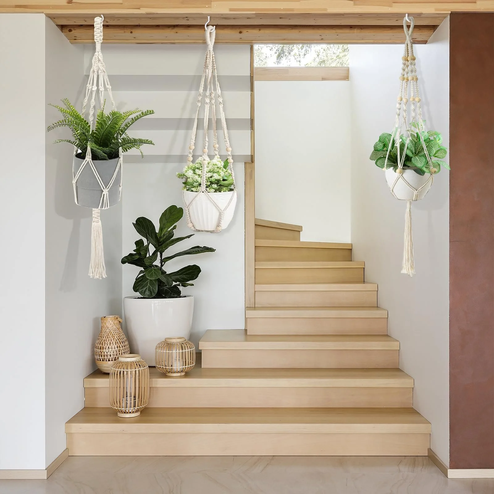 Підвісне макраме-кашпо для рослин Бавовна Бежевий з китицями та гачками, фото №4 Підвісне макраме-кашпо для рослин Бавовна Бежевий з китицями та гачками, фото №4