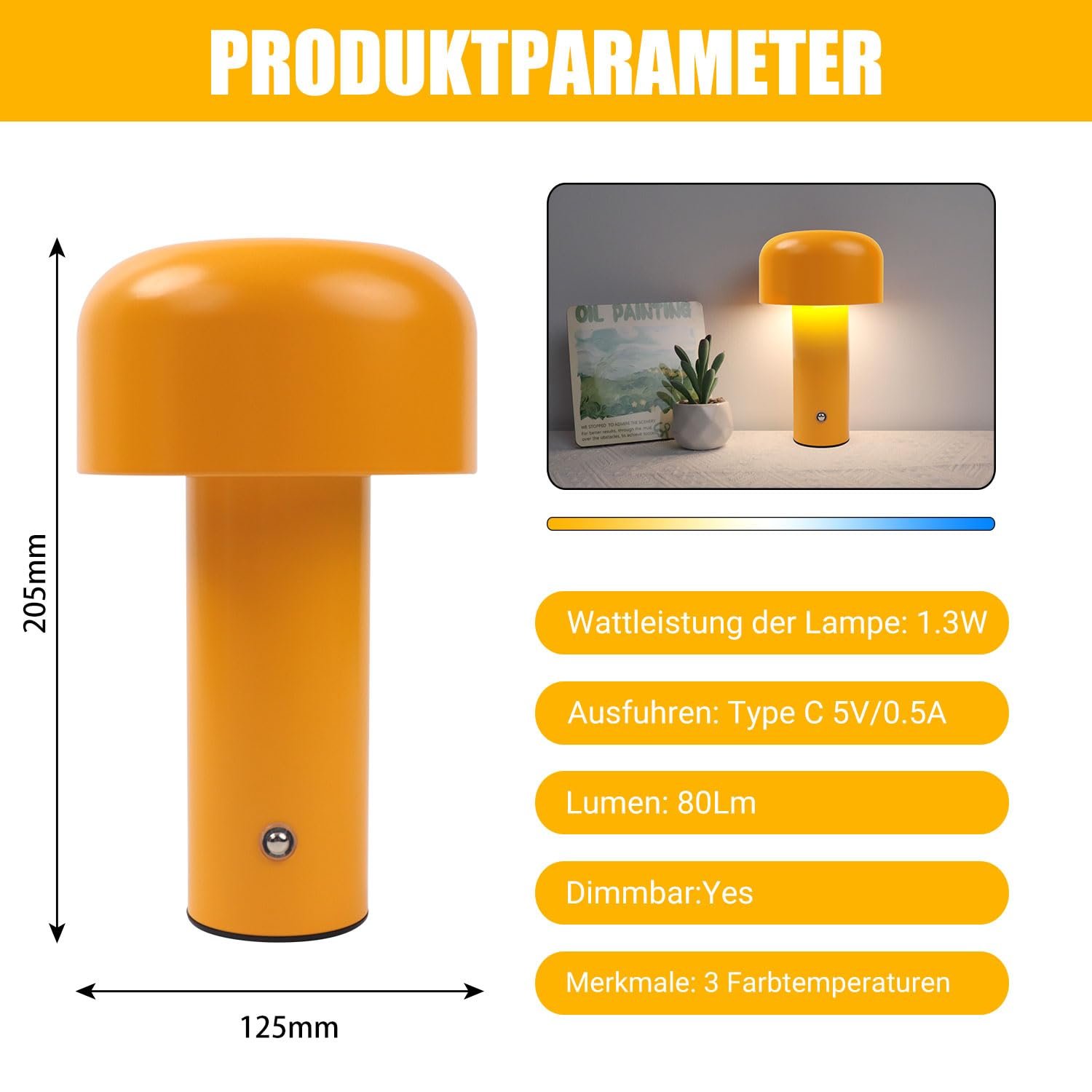 Настільна лампа EXTRASTAR LED Форма гриба Сенсорна 3 колірні температури USB-C Бездротова (Жовта), фото №6