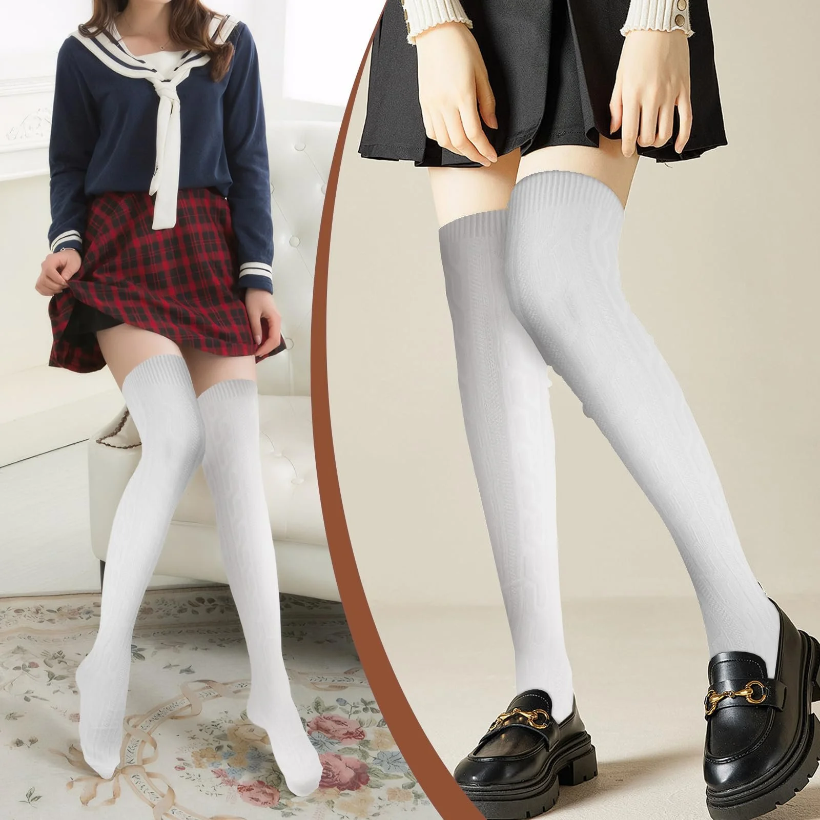2 пары женских гольфов выше колена, женские белые теплые зимние вязаные носки выше колена, женские высокие гольфы до колена, белые, фото №3