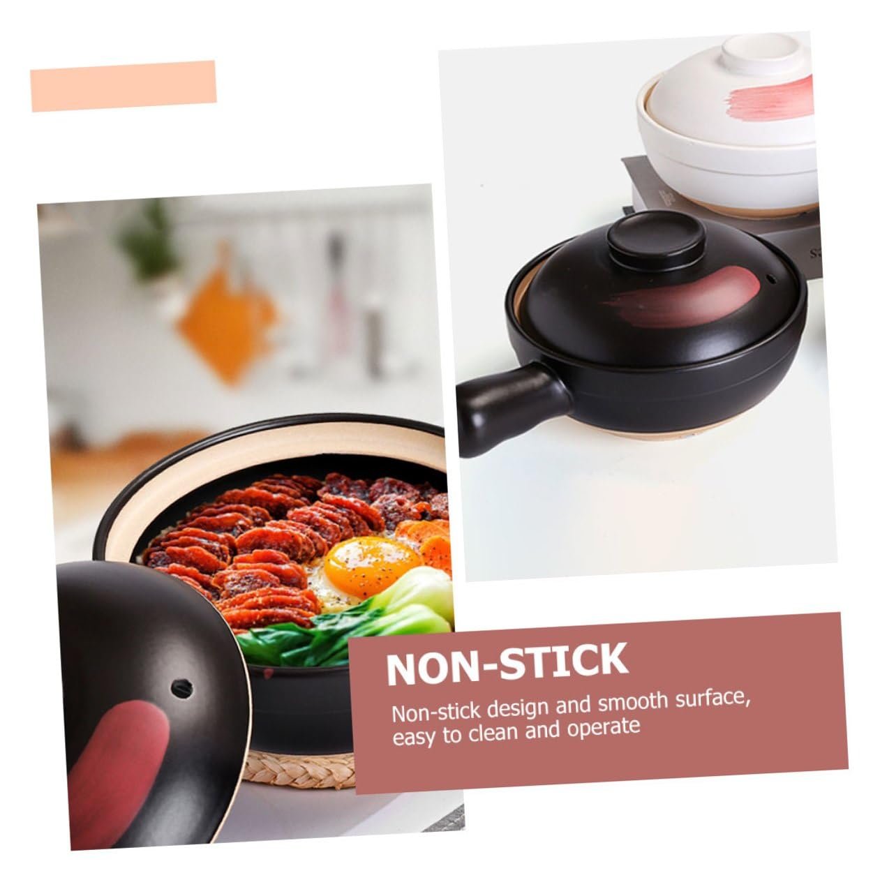 Кастрюля для тушения глиняная с ручкой термостойкая антипригарная Черно-красная узорчатая, фото №8