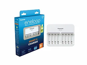 Зарядное устройство Panasonic eneloop Smart 8 для 1–8 аккумуляторов AA/AAA NI-MH, с 8 светодиодными индикаторами и 9 функциями безопасности, синий, BQ-CC63 - Фото 1