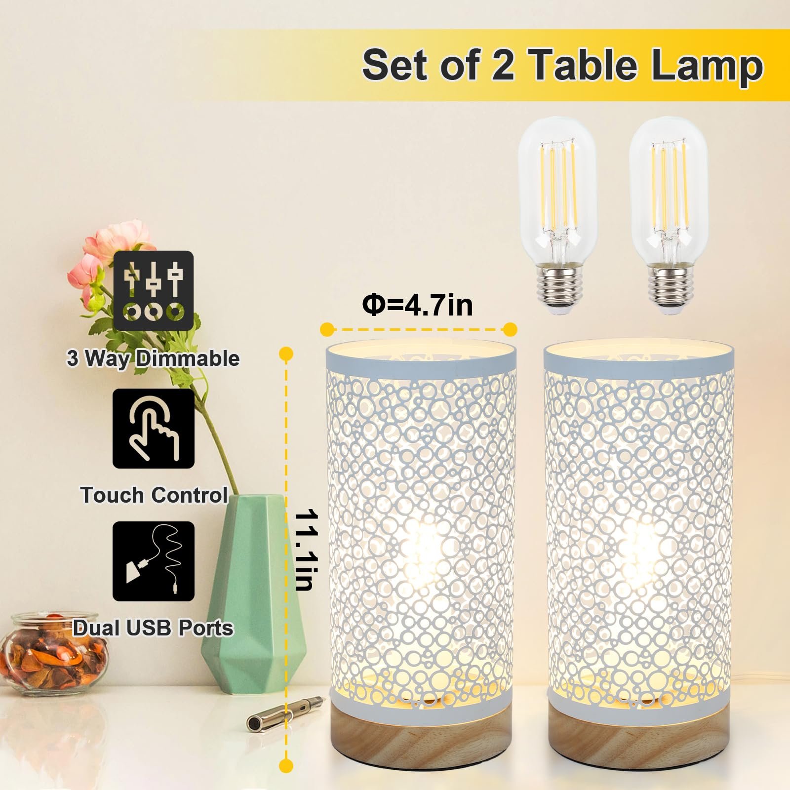 Настільні лампи (набір з 2 шт.) Touch Dimmable Charging Function 2 USB 2 LED Bulbs Vintage (White), фото №4