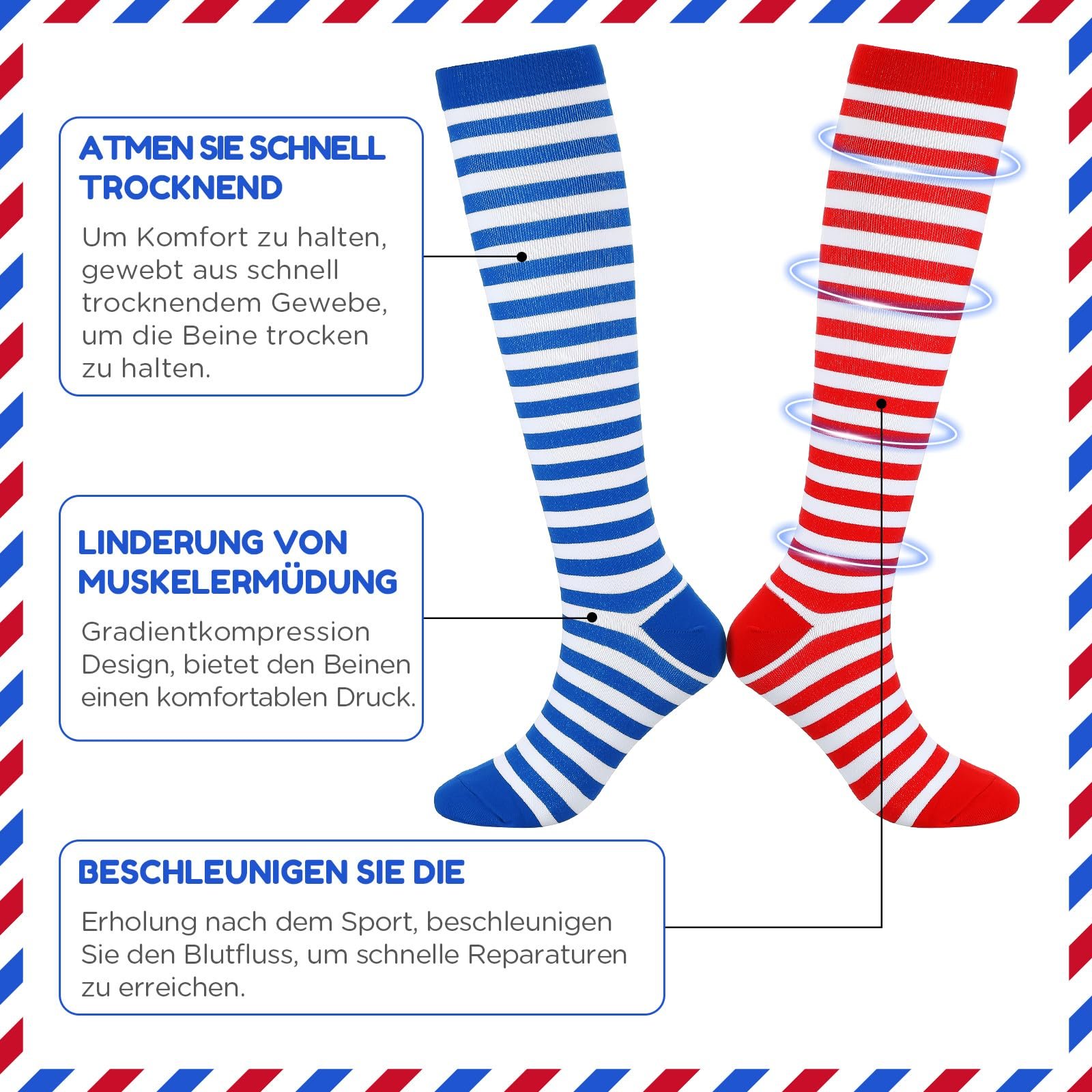 Носки Jadive 2 пары карнавальные выше колена Красный Белый Синий Белый Ретро Полосатые Носки для Женщин и Мужчин, фото №4