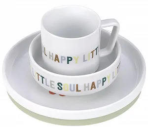 Дитячий порцеляновий набір посуду LÄSSIG Happy Fruits (тарілка, миска, чашка) з силіконовим кільцем - Фото 1