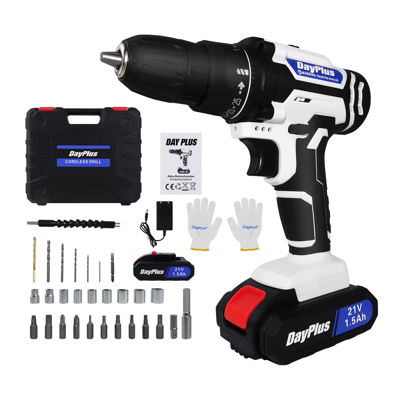 Електрична дриль Шуруповерт акумуляторний 21 Вольт 2-швидкісна з набором біт 1 x 1500 мАг літій-іонний акумулятор, 3/8 дюйма патрон, 25+1 затяжок, LED світло, фото №1