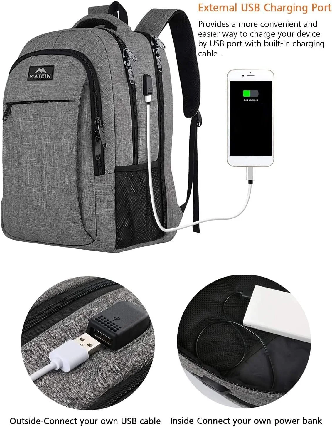 Рюкзак для ноутбука MATEIN 17.3 дюйма Anti-Theft Сірий, фото №3 Рюкзак для ноутбука MATEIN 17.3 дюйма Anti-Theft Сірий, фото №3
