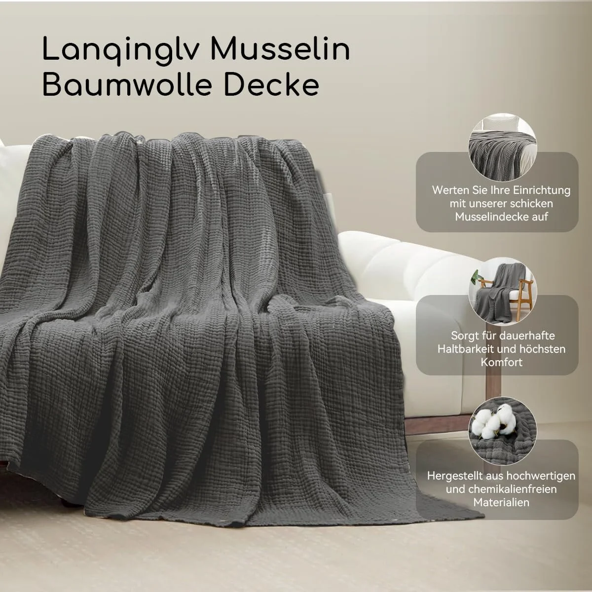 Муслиновое одеяло Lanqinglv, 220 x 240 см, хлопковое одеяло, 4-слойное муслиновое летнее одеяло, серое покрывало, хлопок, фото №5