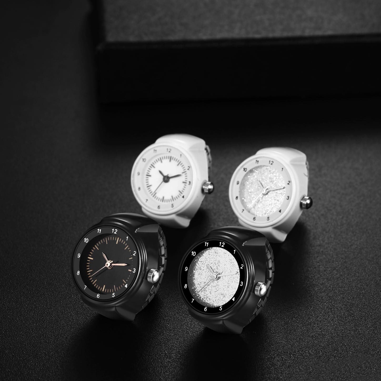 Женские часы-кольцо JewelryWe Эластичные, Черный, Аналоговый, Кварцевый, Ремешок из нержавеющей стали, Унисекс, Арабская шкала, Матовый циферблат, фото №4