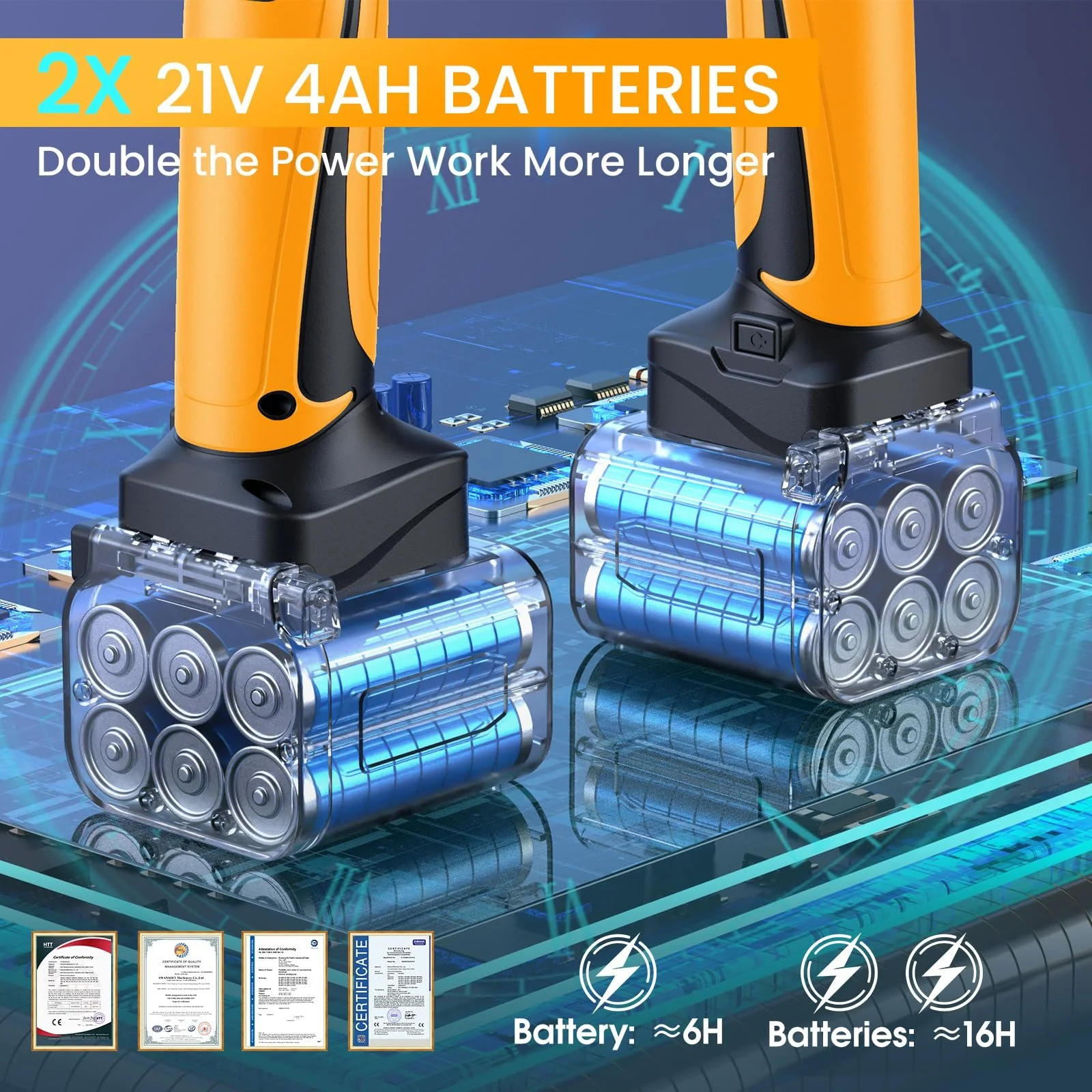 Секатор акумуляторний SWANSOFT 40 мм 21 В 1050 Вт з 2 акумуляторами 4 А·год, безщітковим двигуном, РК-дисплеєм і подовжувальним кабелем 1,2 м, жовтий, фото №5