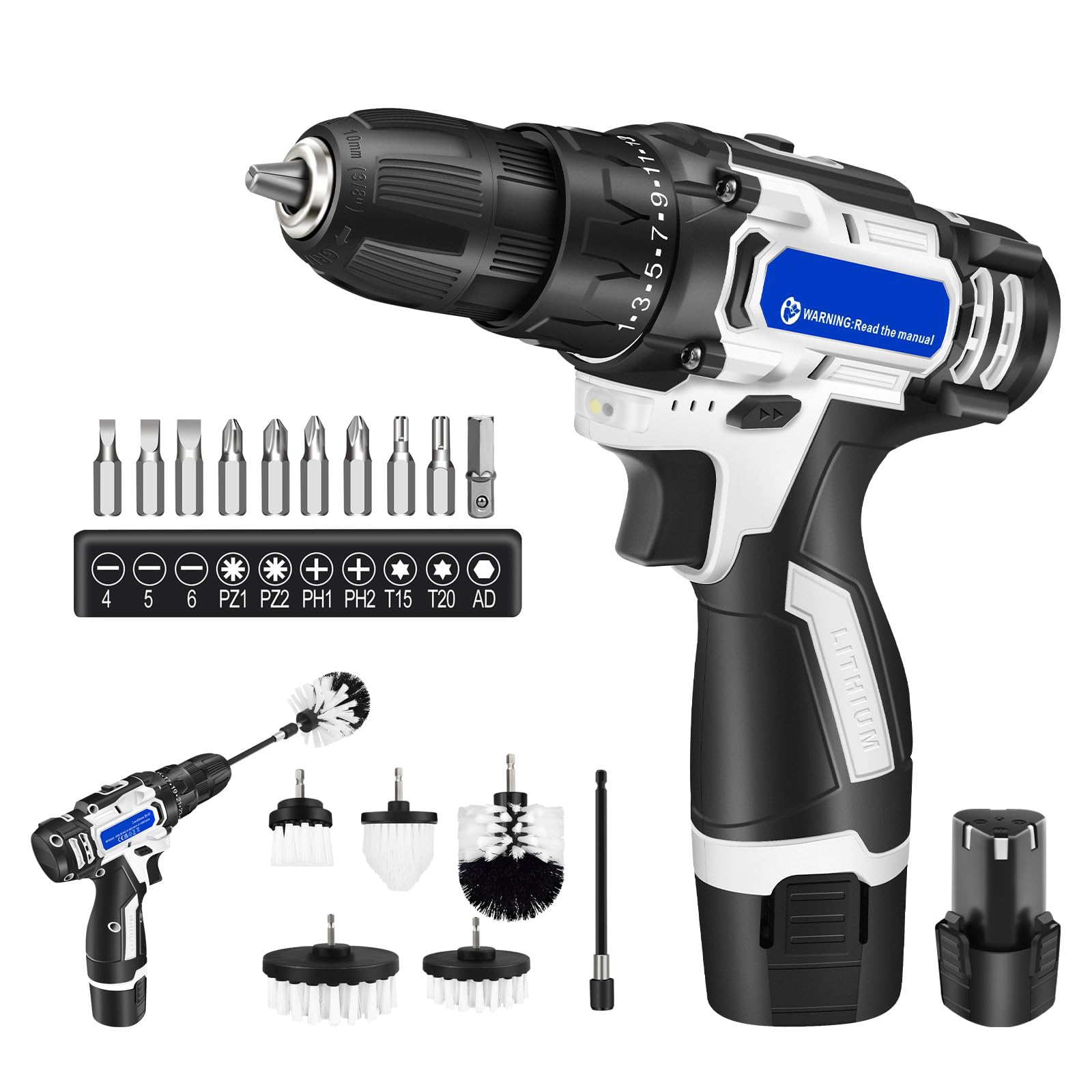 Акумуляторна дриль-шуруповерт Портативна електродриль з набором щіток для складання меблів/прибирання 2 * 1500mAh акумулятор 2 швидкості вперед або назад, фото №1