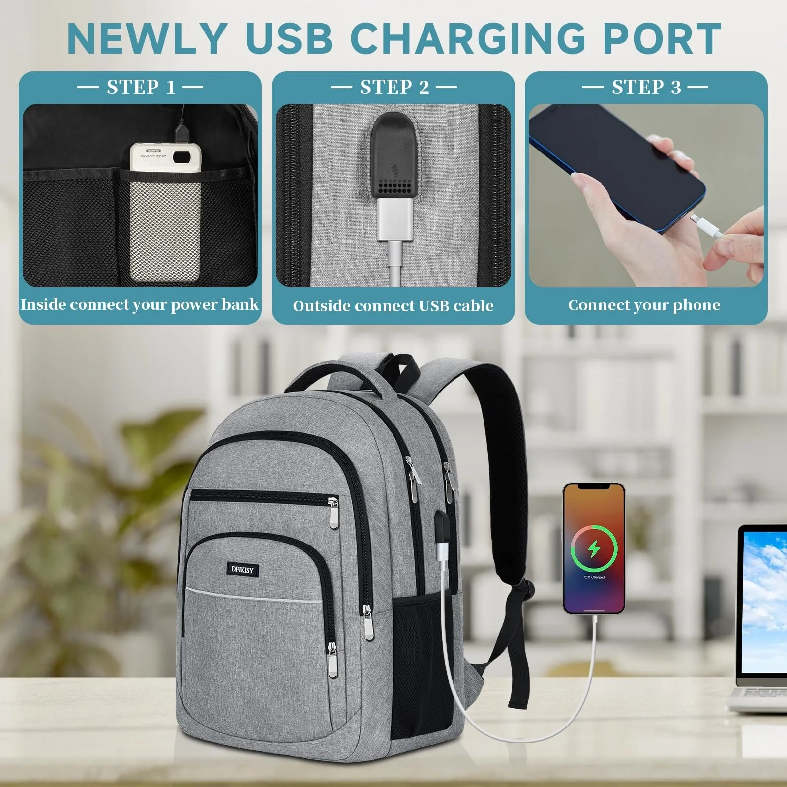 Рюкзак для ноутбука 17.3" USB Charging Port Anti Theft Grey, фото №5 Рюкзак для ноутбука 17.3" USB Charging Port Anti Theft Grey, фото №5