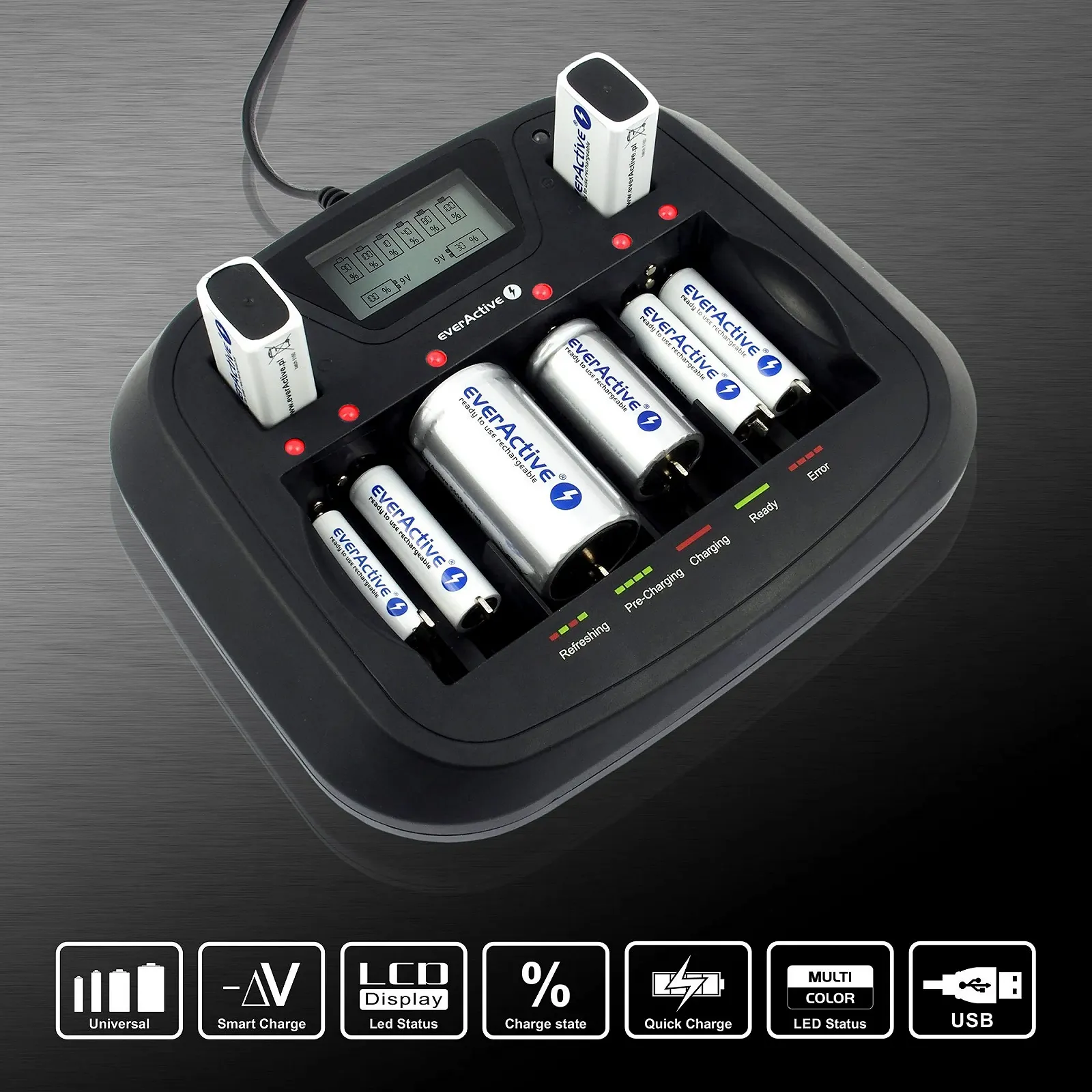 Зарядний пристрій Типу AA/AAA/R14/R20/9V Everactive NC-800 на 8 незалежних слотів, фото №3 Зарядний пристрій Типу AA/AAA/R14/R20/9V Everactive NC-800 на 8 незалежних слотів, фото №3