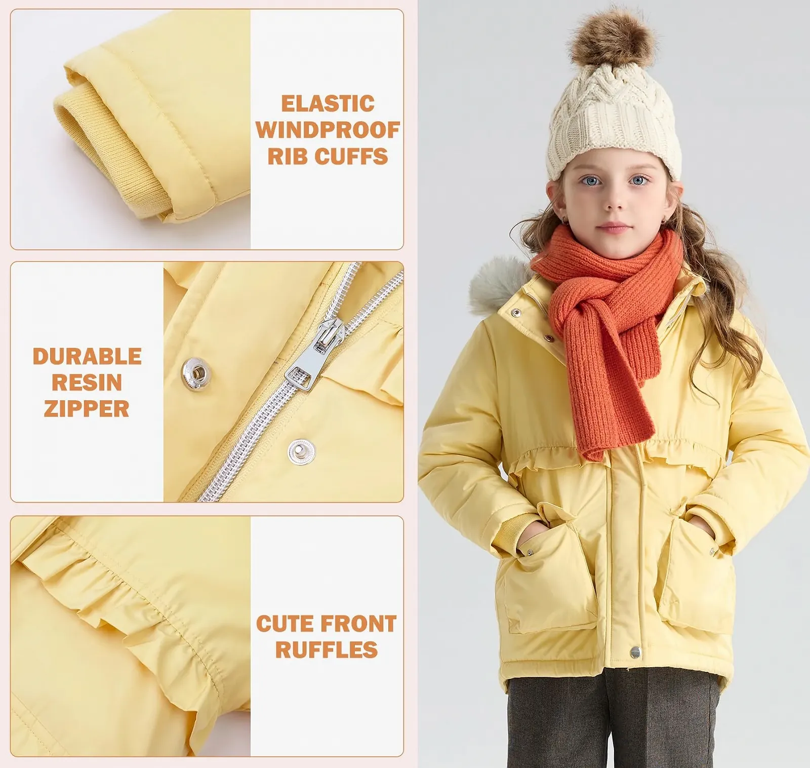 Зимове пальто SOLOCOTE для маленьких дівчаток, Легке з хутряним капюшоном, фото №6